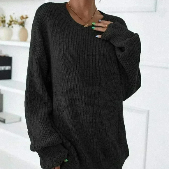 Black Preppy Womens Drop Shoulder Ripped Distressed Sweater Dress - Picture 5 of 5